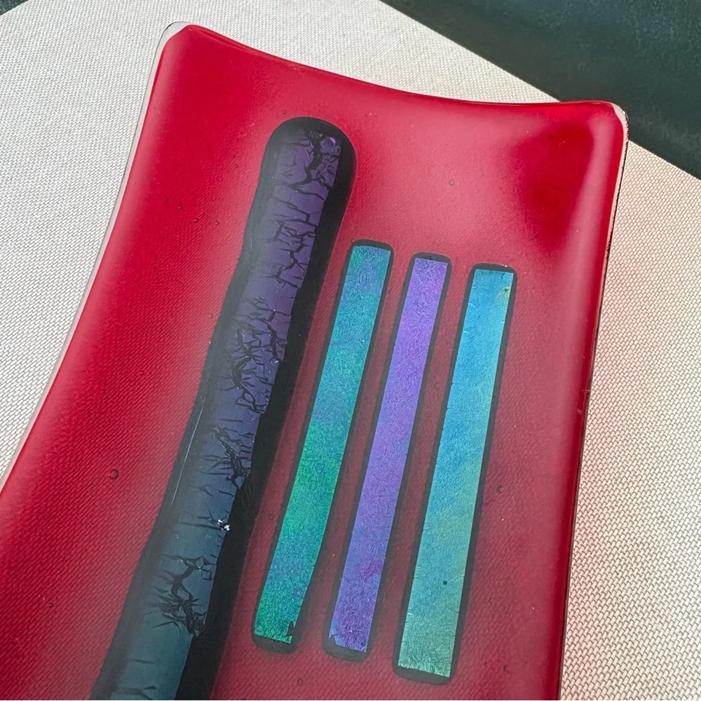 Artist Signed Fused Art Glass Dish Modern Studio Red Blue/Green iridescent - Picture 3 of 10